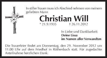 Traueranzeige von Christian Will von Pegnitz-Zeitung